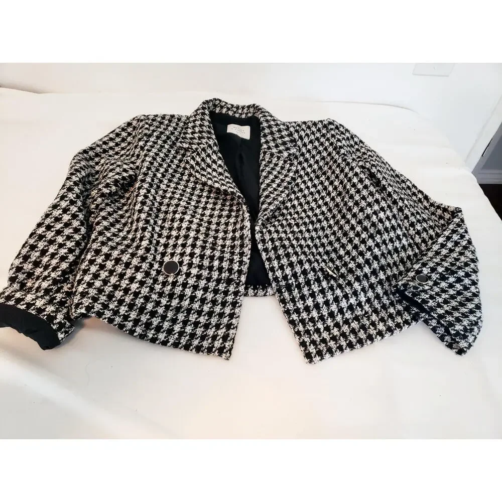 Vintage Blazer Suit Jacket Womens 12 Black White Houndstooth Cropped Tweed Paris - Picture 3 of 16